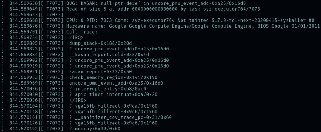 Console output of a stack trace following a kernel bug