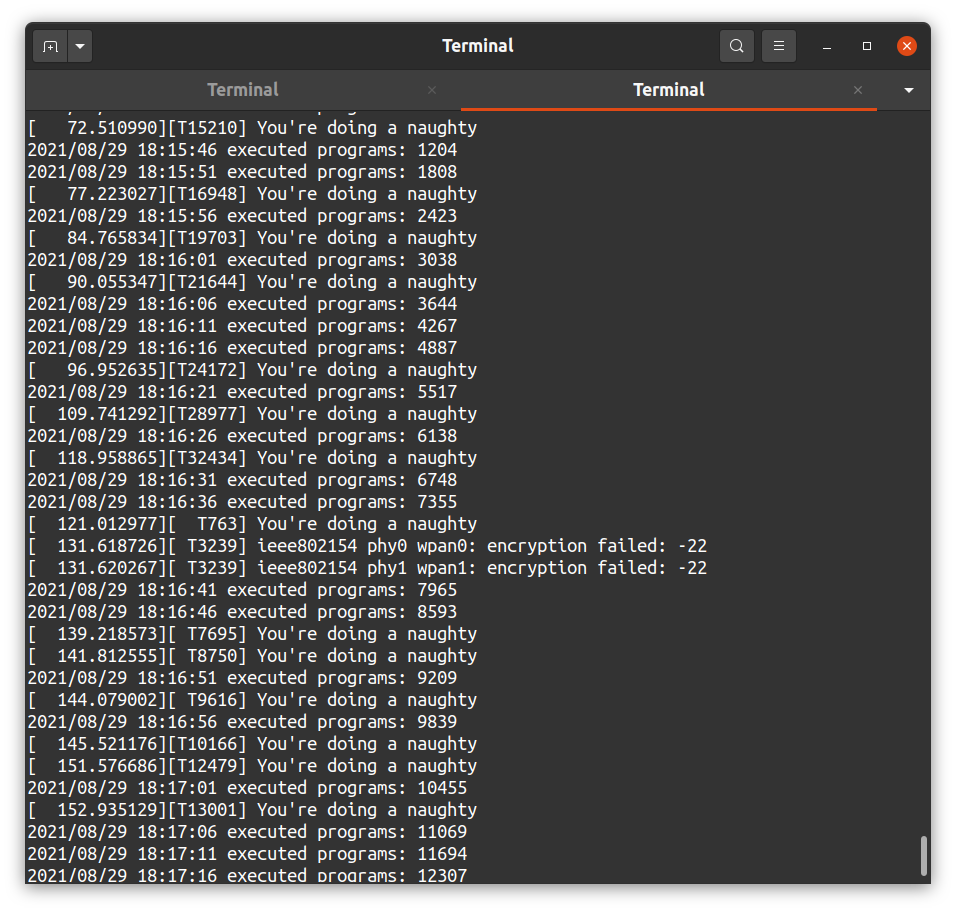 My console running Qemu, with many lines saying: 'You're doing a naughty'